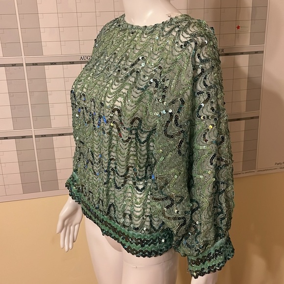 Vintage St. Martin 80s Cropped Top Green Sequin Blouse Bell Sleeve Peek S/M - Picture 9 of 11